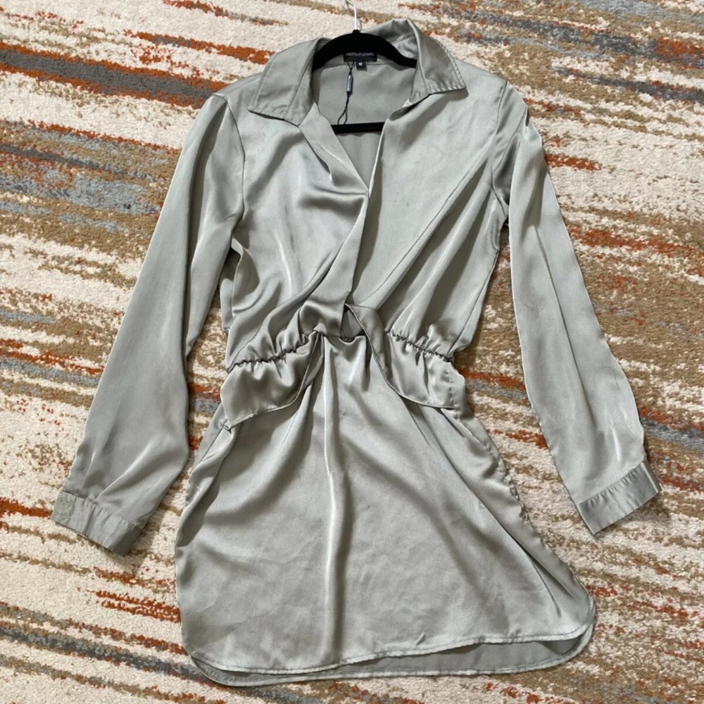 PLT satin olive dress low cut neckline